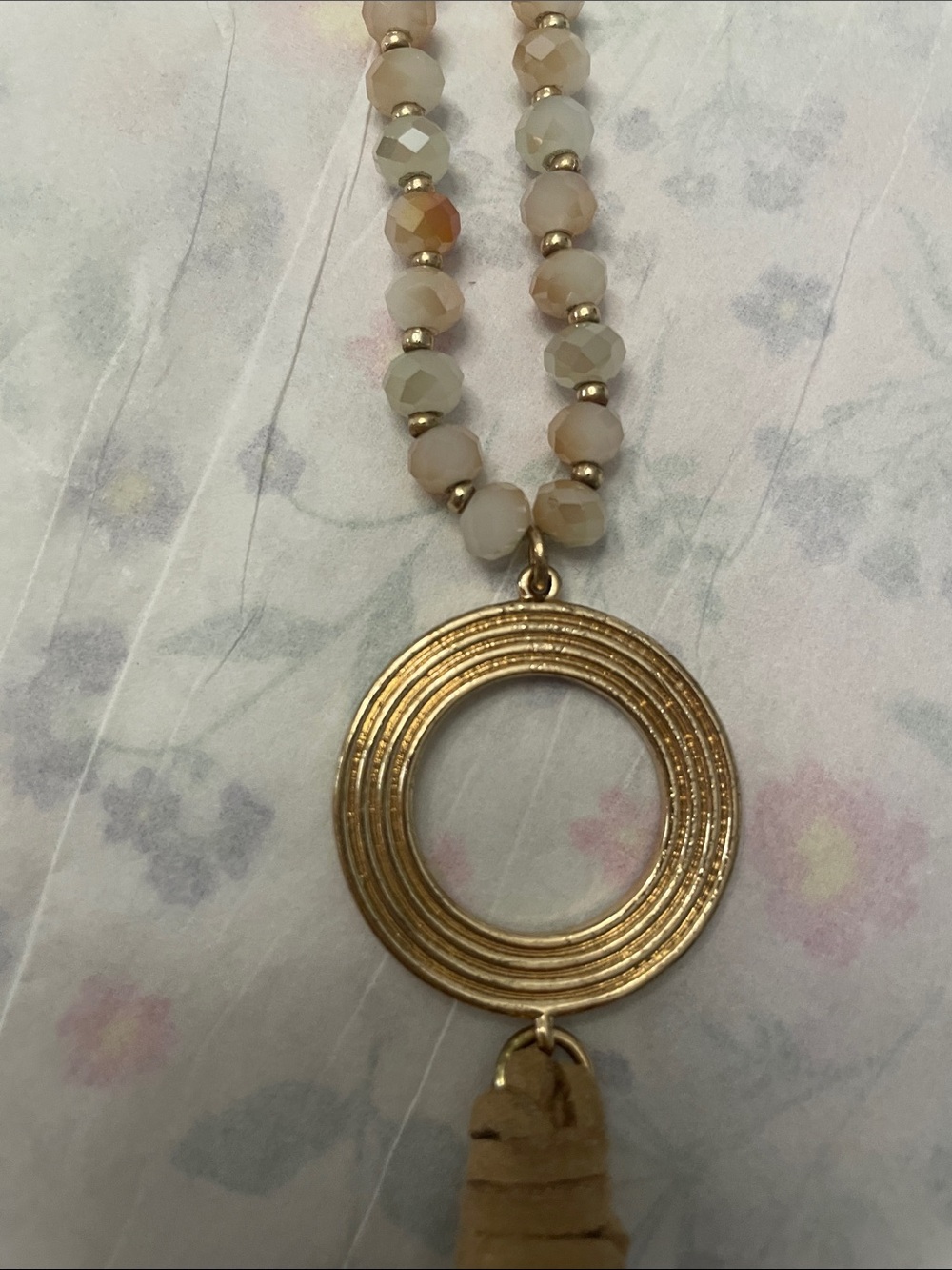 Beaded Tassel Pendant Necklace in Beige and Gold - Picture 6 of 6